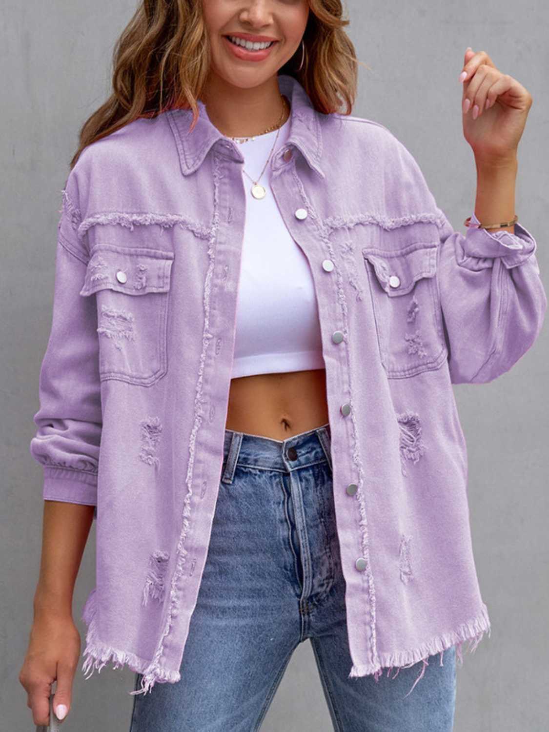 🤍Distressed Drop Shoulder Denim Jacket