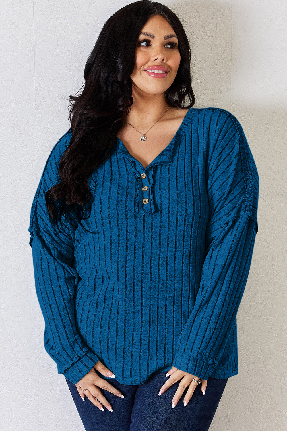 Ribbed Half Button Long Sleeve Shirt