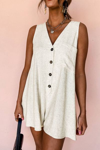 Cotton Linen V Neck Buttoned Romper