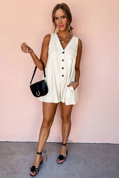 Cotton Linen V Neck Buttoned Romper