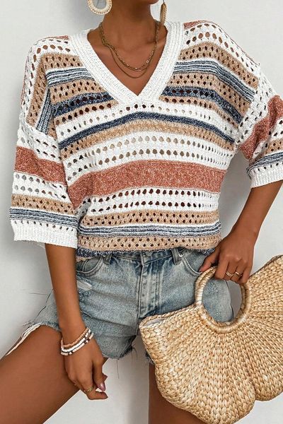 Striped Hollow Knitted Sweater Top