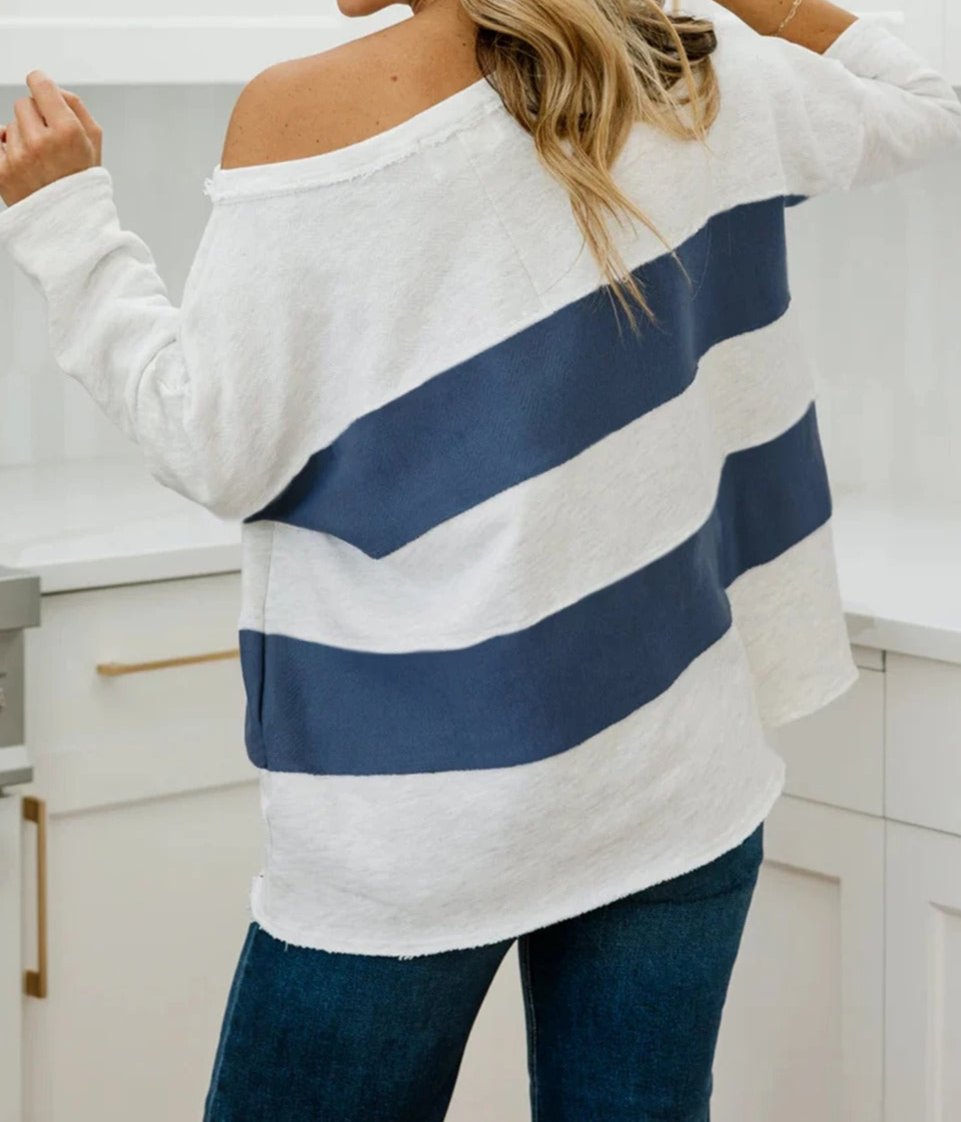 Striped Patchwork Raw Edge Sweatshirt