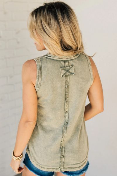 Soild Button Washed Tank Top