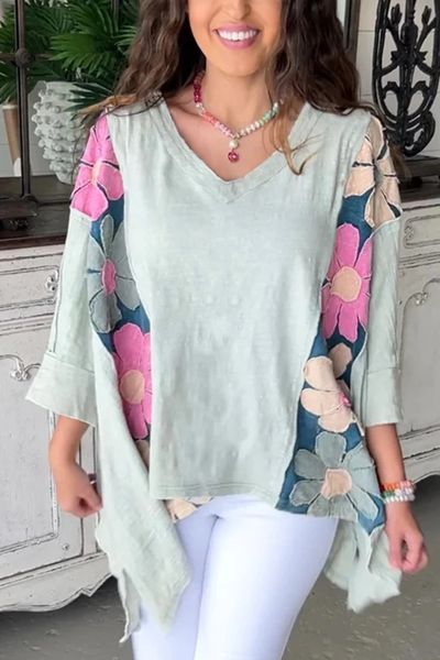 Floral Patchwork Bracelet Sleeve Oversized Top