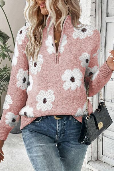 Floral Pattern Half Zip Collar Sweater