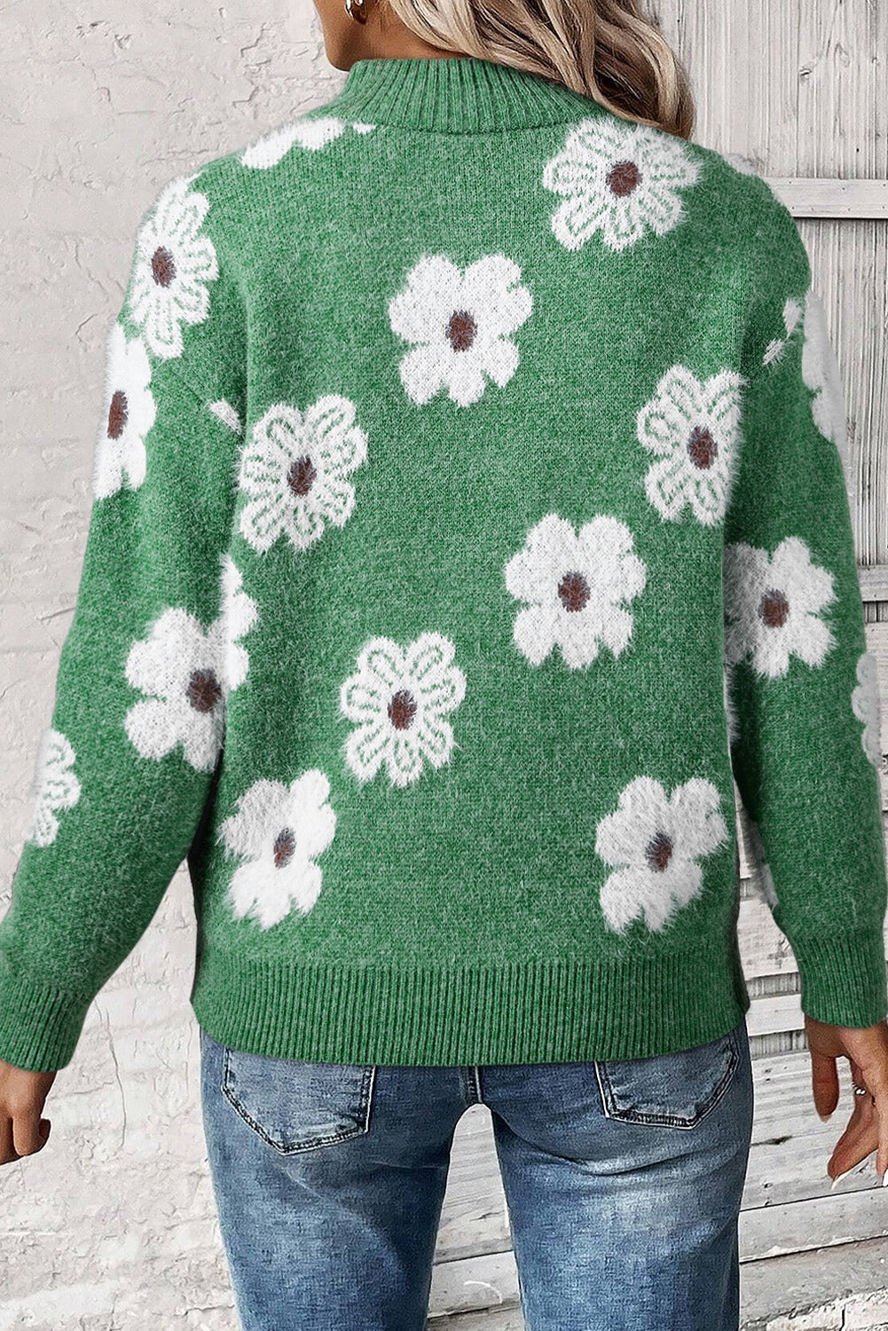 Floral Pattern Half Zip Collar Sweater