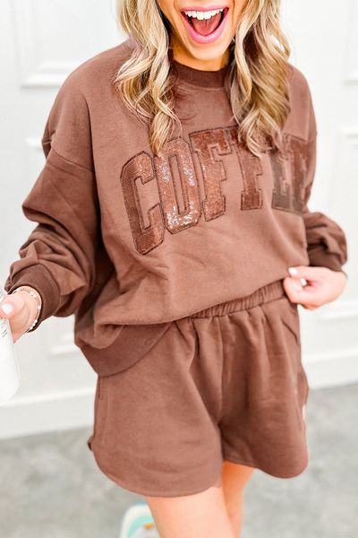 Sequined COFFEE Sweatshirt and Shorts Set