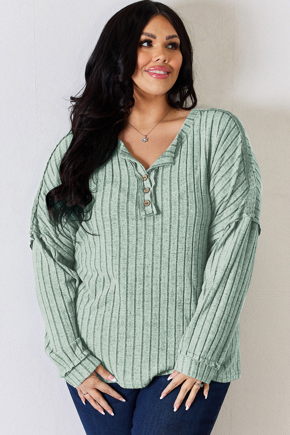 Ribbed Half Button Long Sleeve Shirt