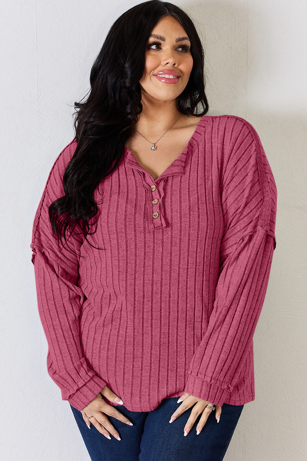 Ribbed Half Button Long Sleeve Shirt