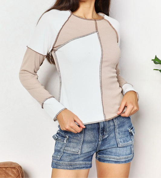 Khaki Color Block Exposed Seam Top