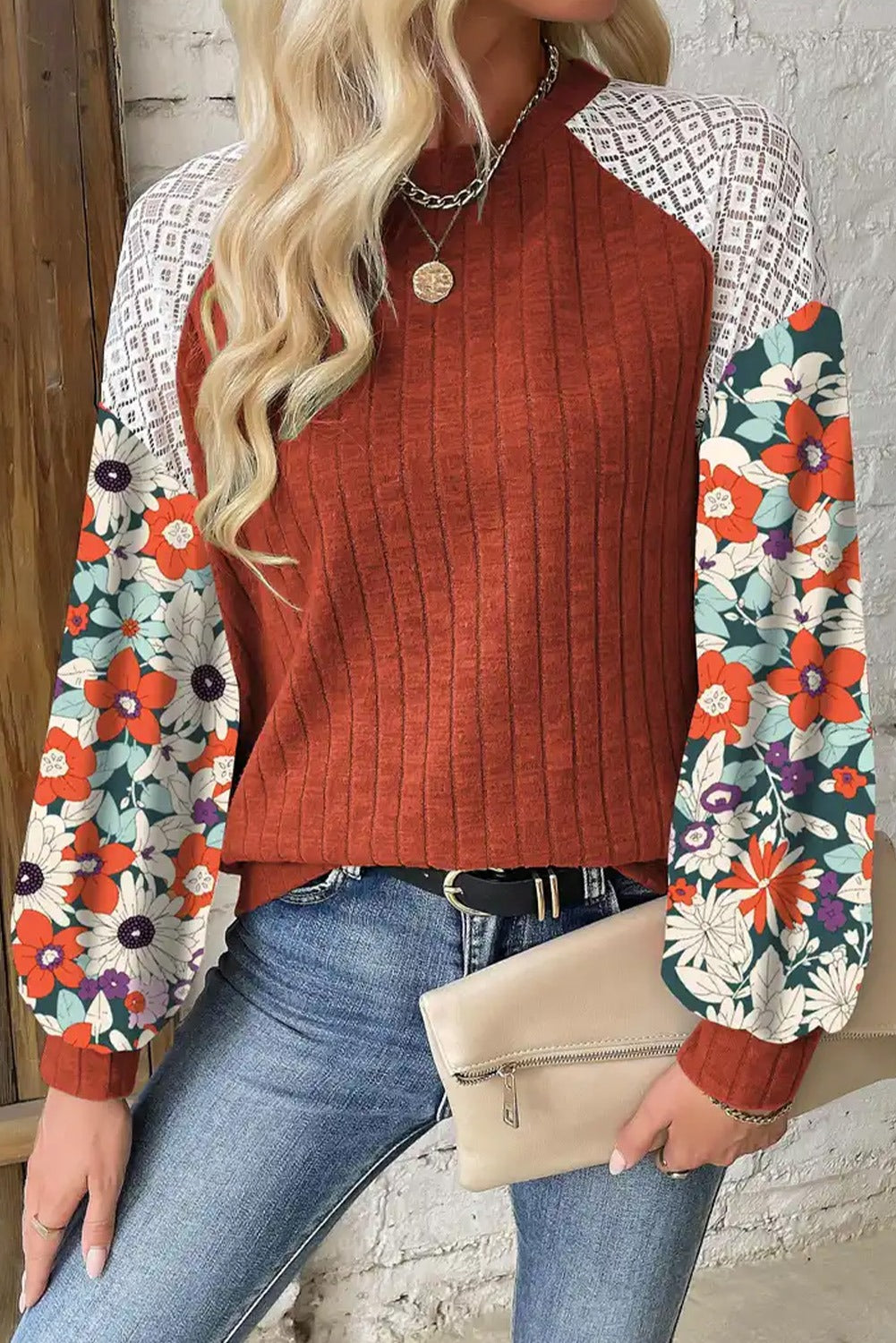 Floral Patchwork Ribbed Blouse