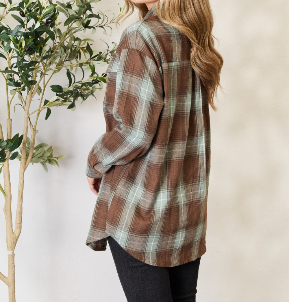 🤎Olive Brown Plaid Dropped Shoulder Shirt