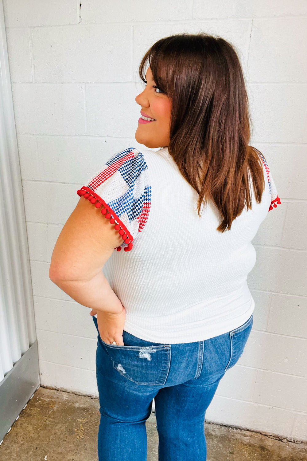 Patriotic Pom Pom Lace Flutter Sleeve Top