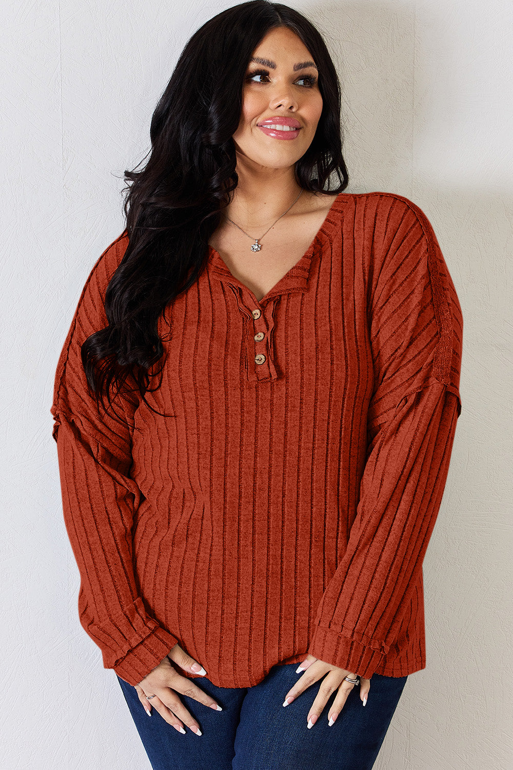 Ribbed Half Button Long Sleeve Shirt