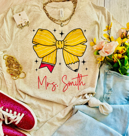 Custom Teacher Pencil Bow Tee