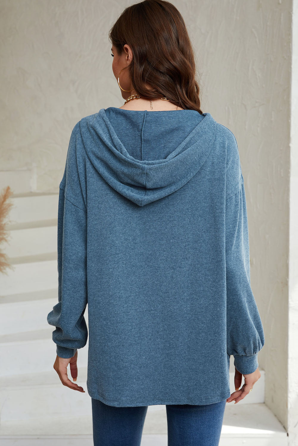 Buttoned High and Low Hem Hoodie