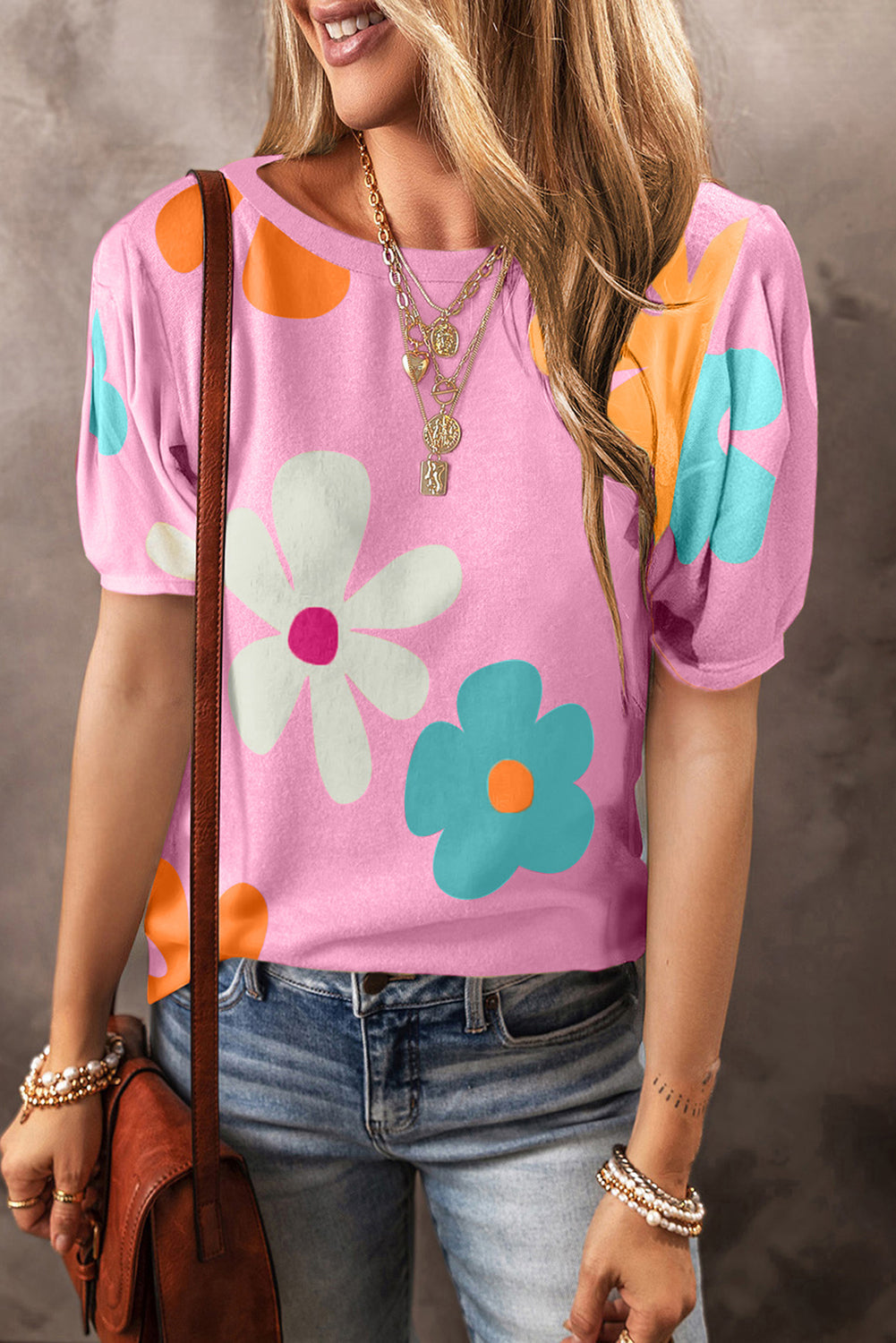 Flower Print Bubble Sleeve Tee