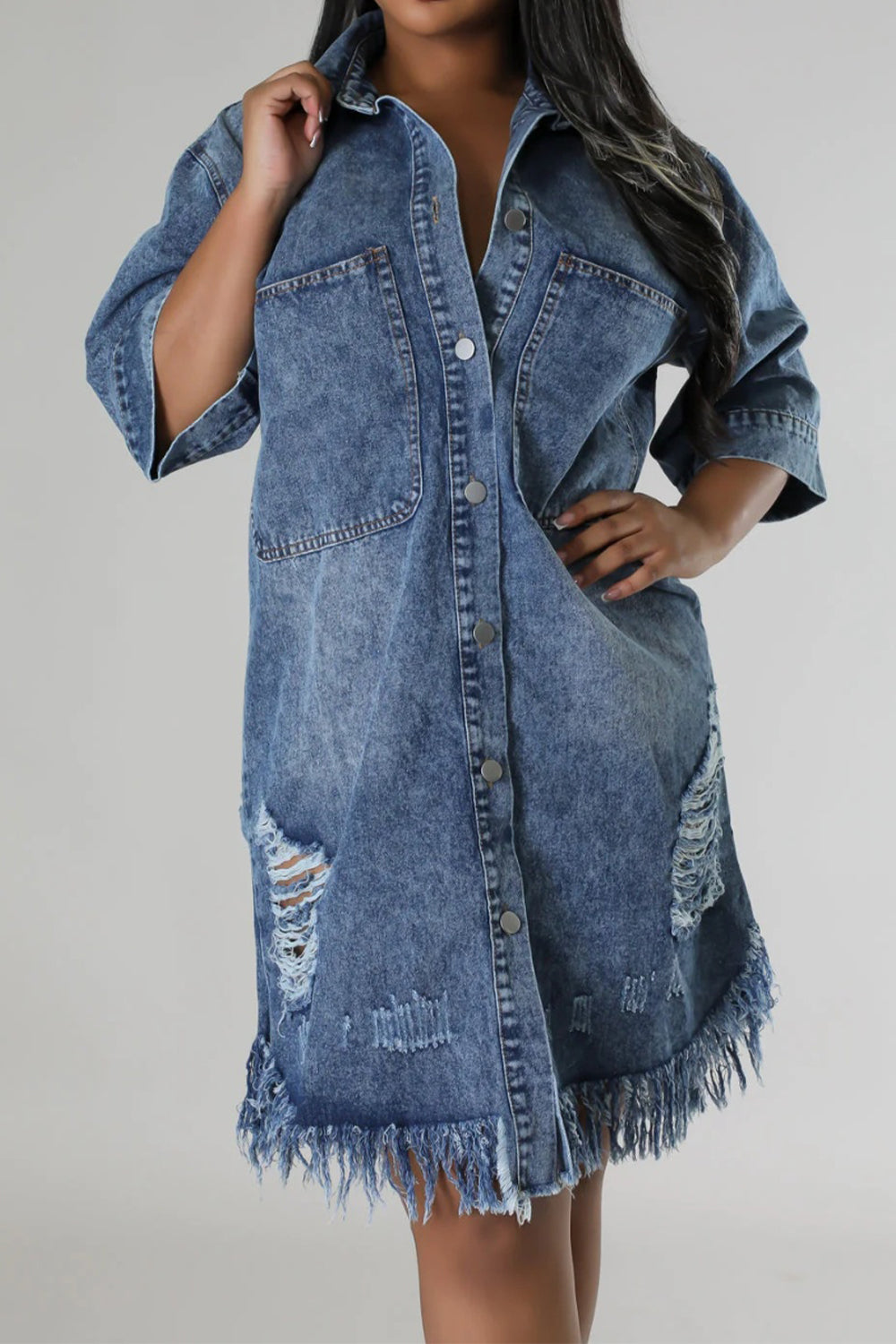 🔷Distressed Raw Hem Button Up Denim Dress