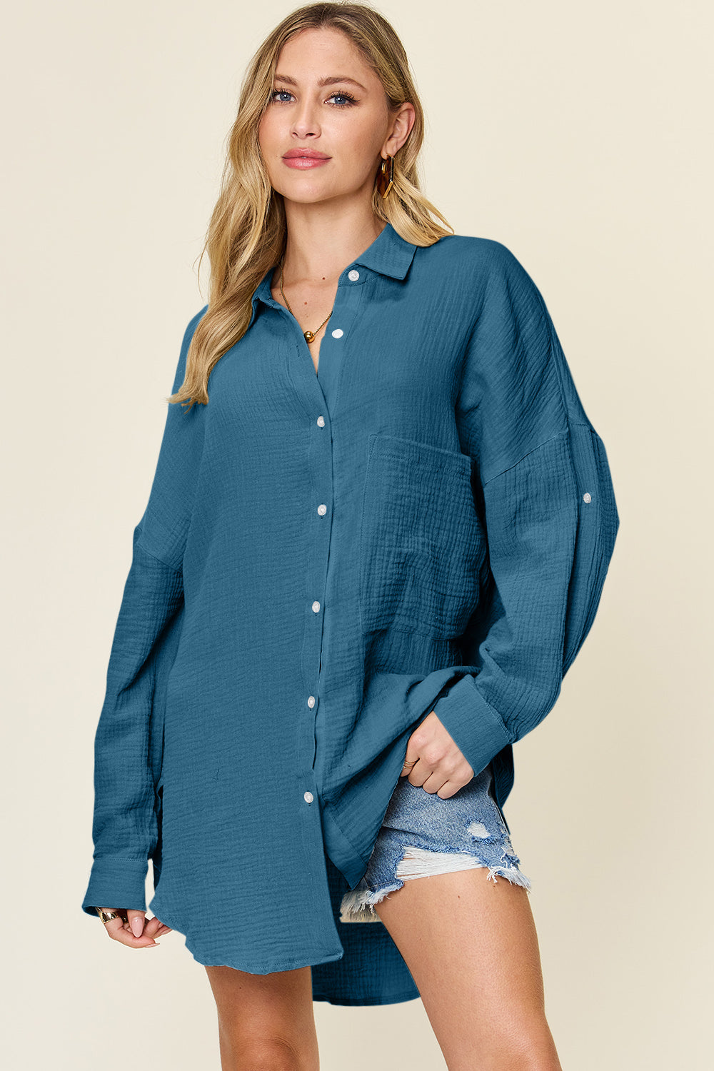 Pocketed Texture Button Up Shirt