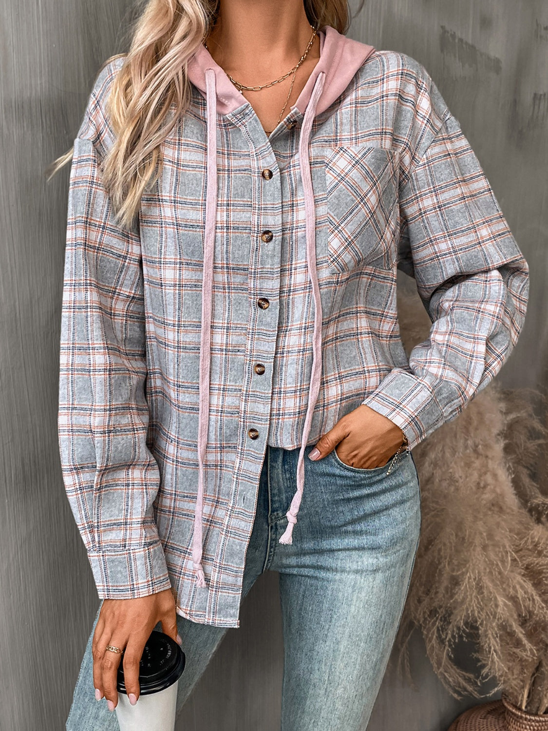 Plaid Long Sleeve Hooded Shirt