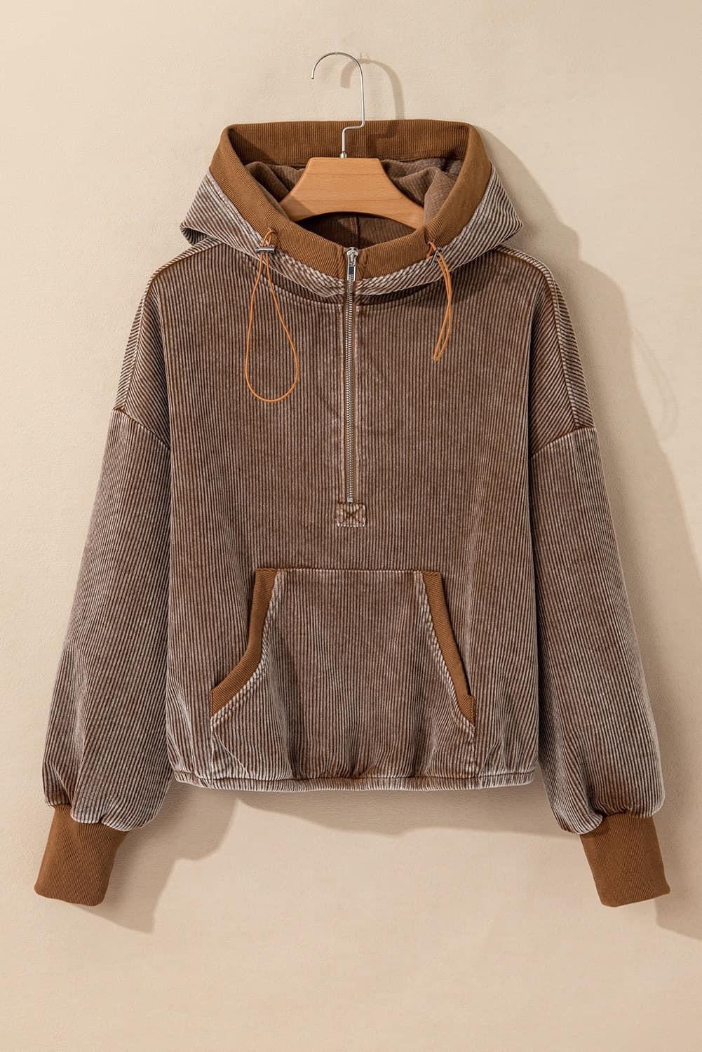 Zip Kangaroo Pocket Corduroy Hoodie