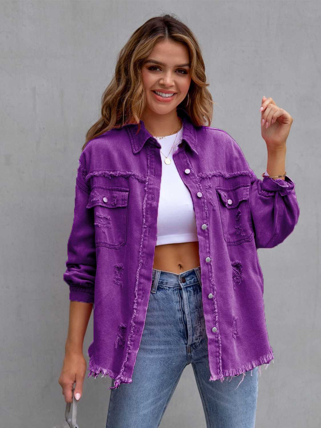 🤍Distressed Drop Shoulder Denim Jacket