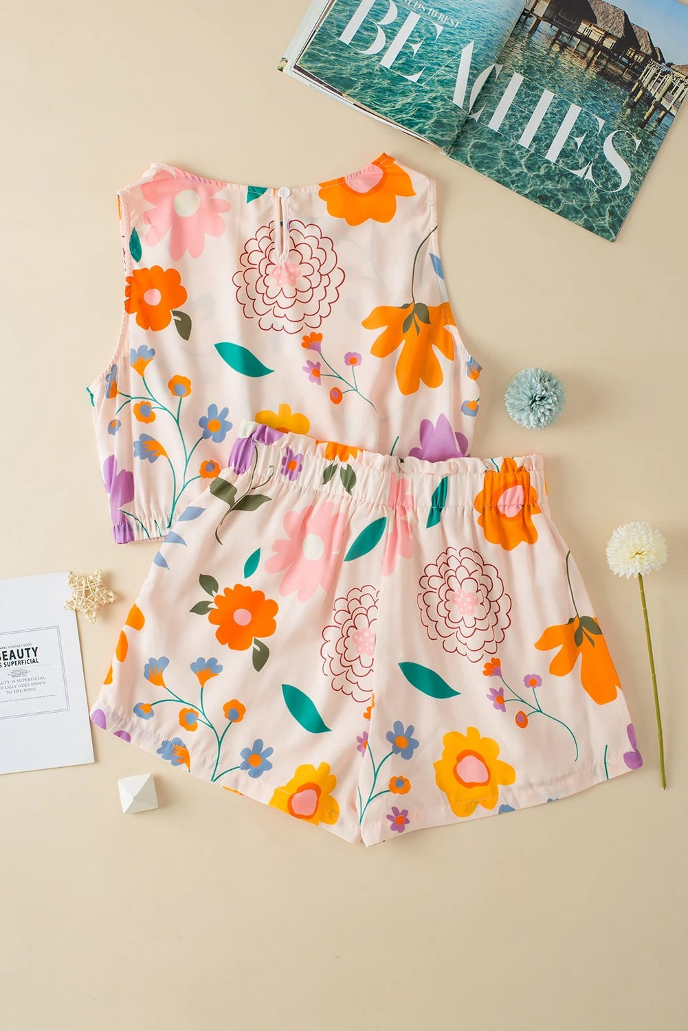 Floral Cropped Tank + Frilly High Waist Shorts Set