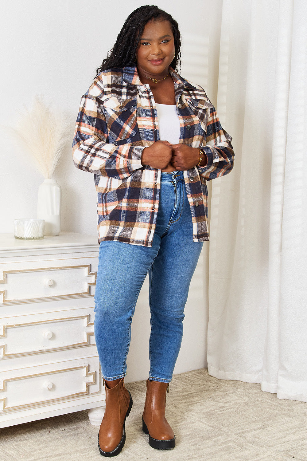 Dark Blue Plaid Button Front Shirt Jacket with Breast Pockets