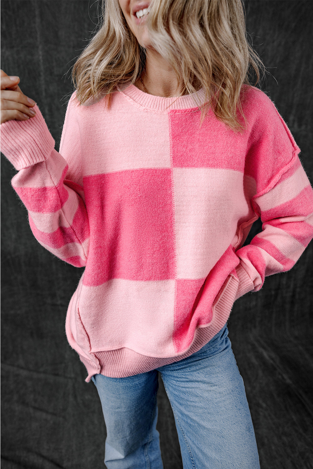 Checkered Striped Sleeve Sweater