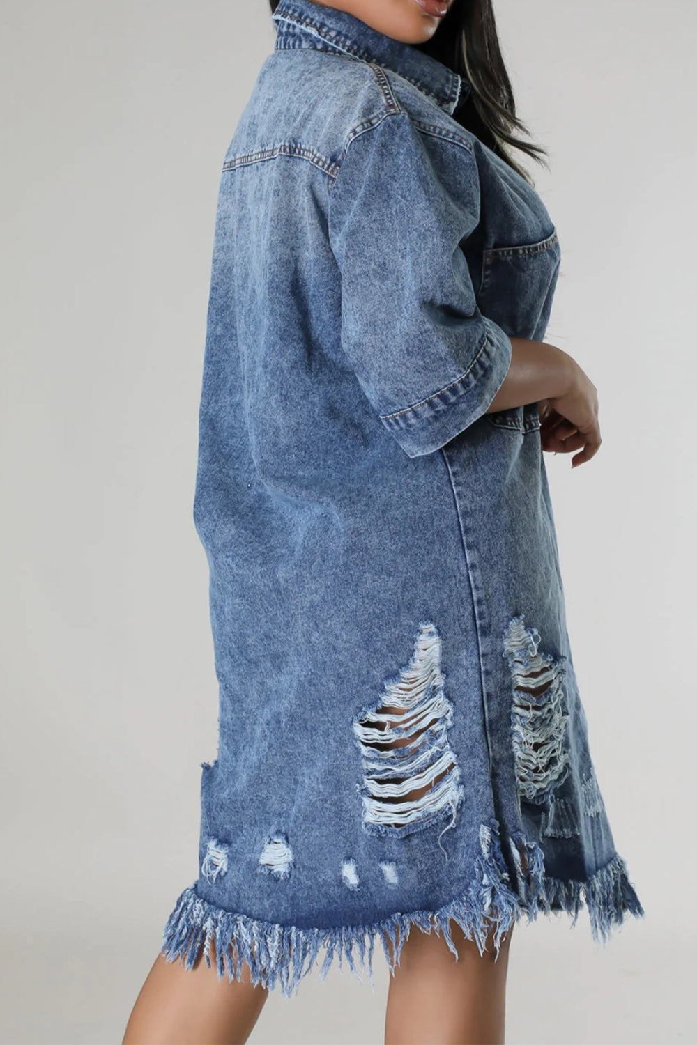 🔷Distressed Raw Hem Button Up Denim Dress