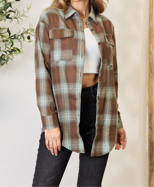 🤎Olive Brown Plaid Dropped Shoulder Shirt