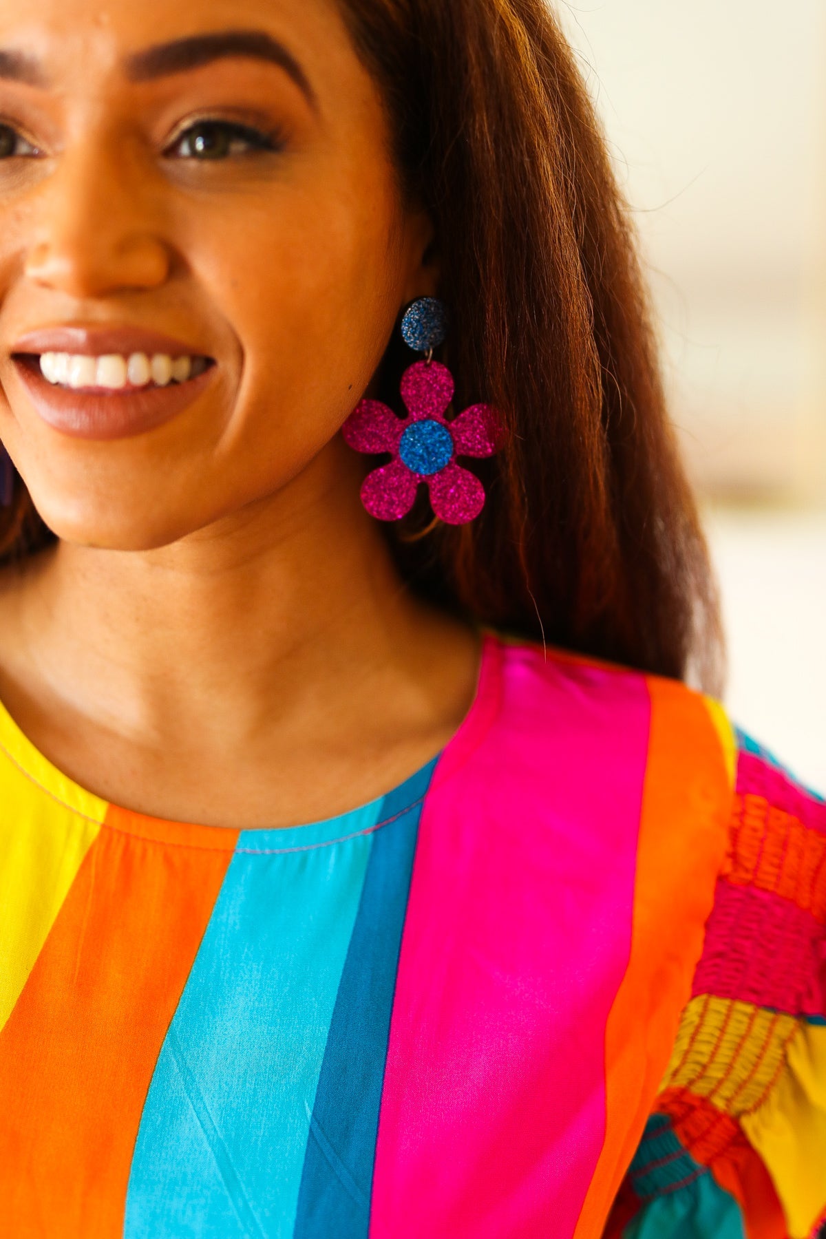 Blue & Magenta Glitter Mod Daisy Earrings