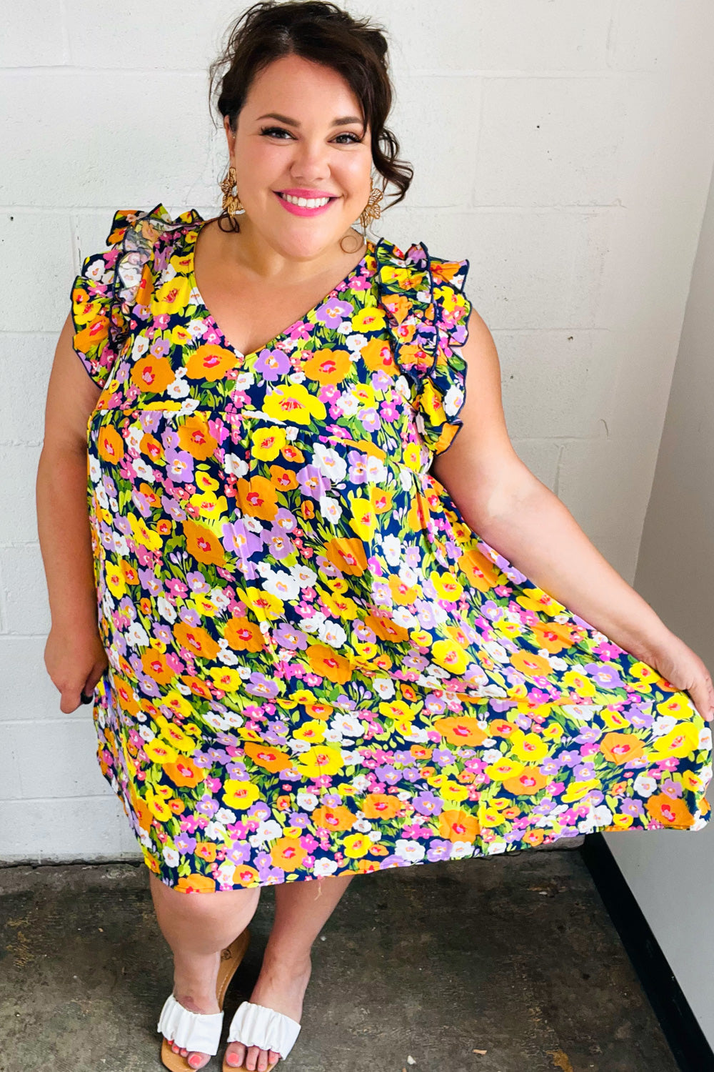 Indigo & Lemon Floral Babydoll Ruffle Dress