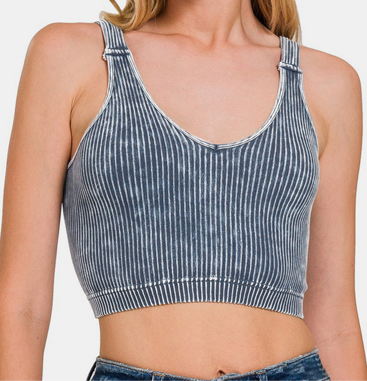 Zenana Washed Ribbed Cropped V-Neck Tank