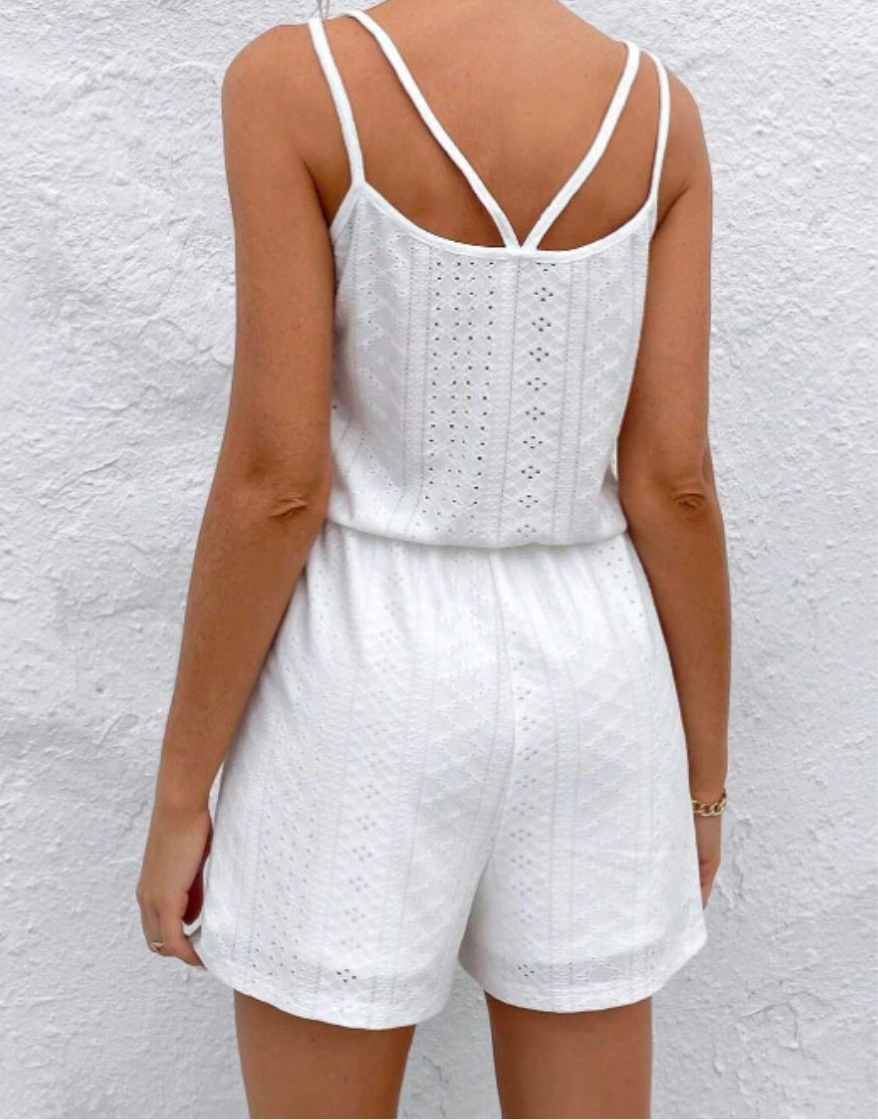 🤍Eyelet Scoop Neck Double Spaghetti Strap Romper