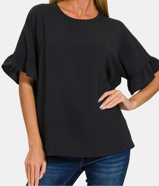 ▪️Zenana Black V-Neck Flutter Sleeve Top