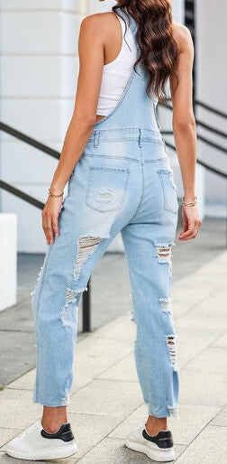 Distressed Denim Overalls with Pockets