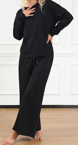 Textured Long Sleeve Top & Drawstring Pants Set