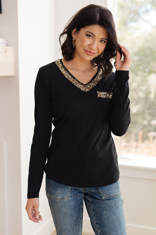 Glitter Lining Long Sleeve V-Neck Top