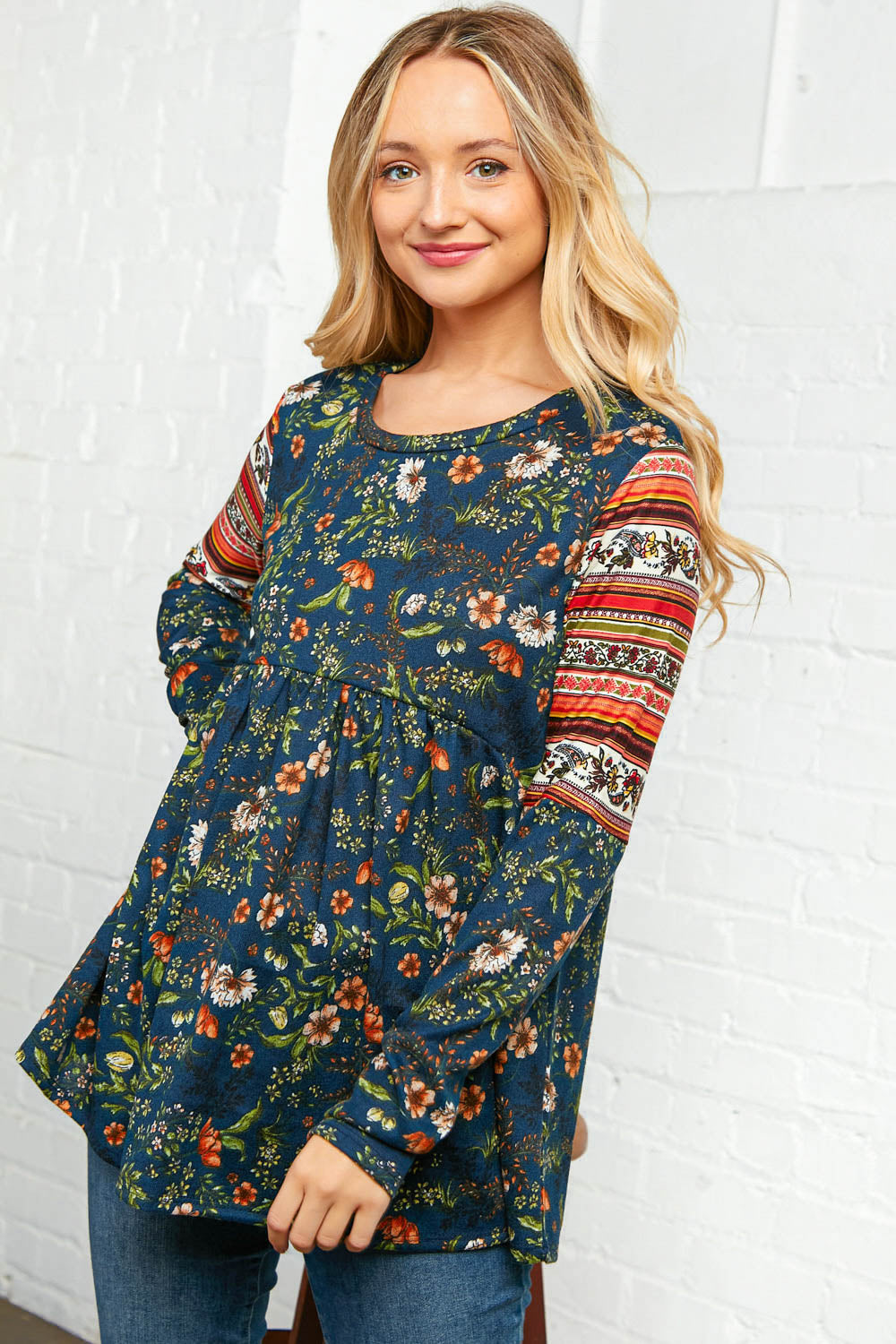 Navy Floral Hacci Babydoll Ethnic Sleeve Top