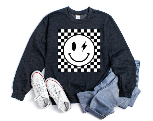 Checkered Wink Smiley Sweatshirt *DEAL*