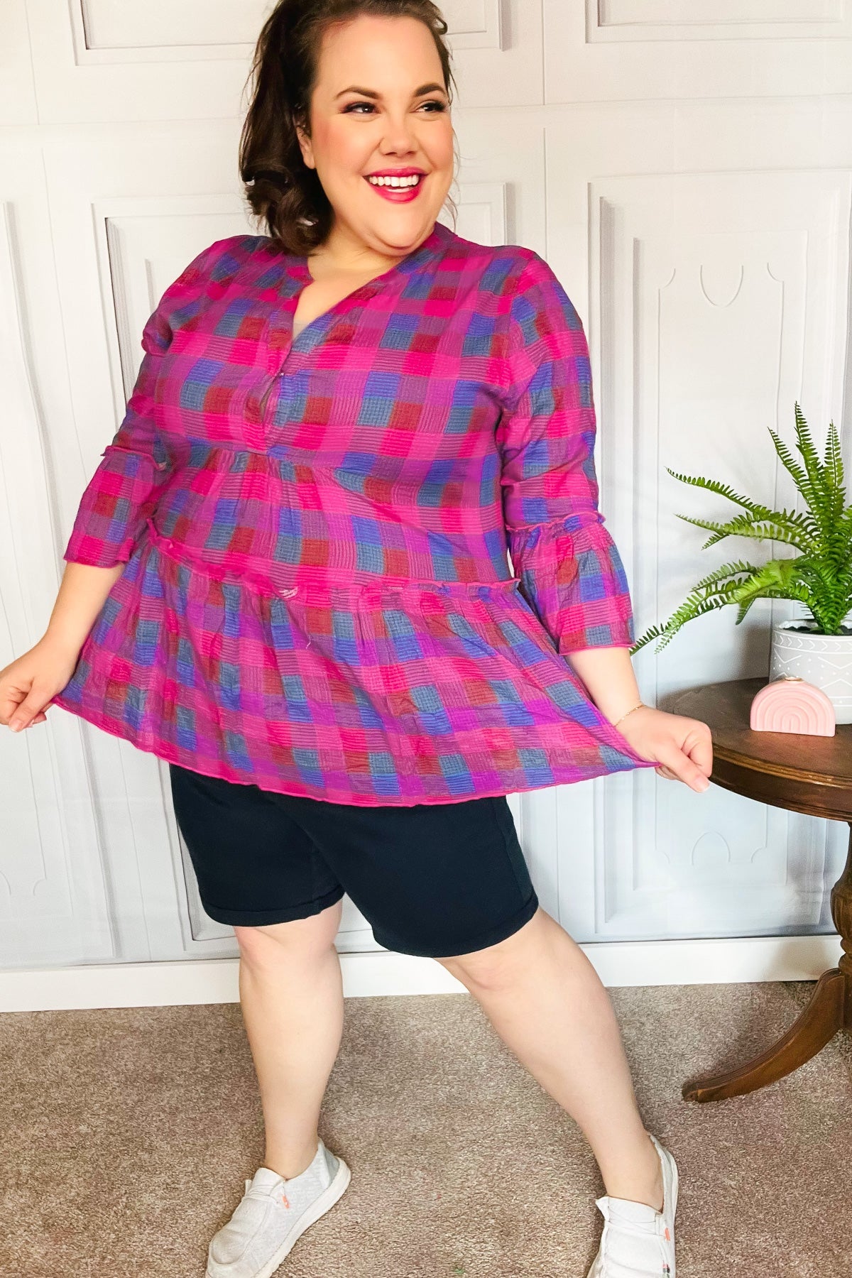 Back To Basics Fuchsia Plaid Notched Neck Babydoll Top