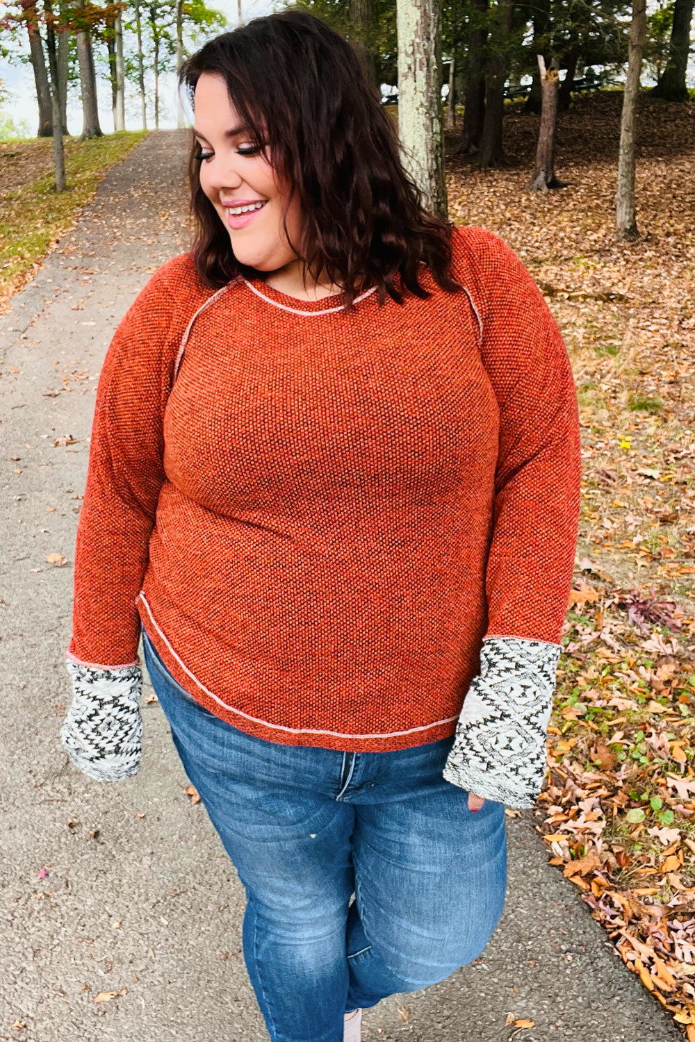 Rust Textured Aztec Outseam Top