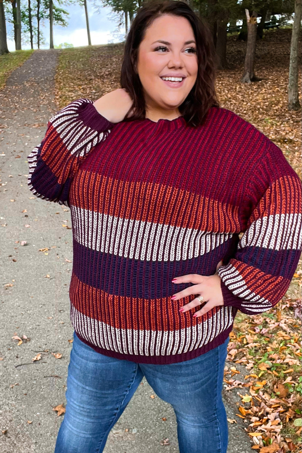 Take All Of Me Burgundy & Navy Stripe Oversized Sweater