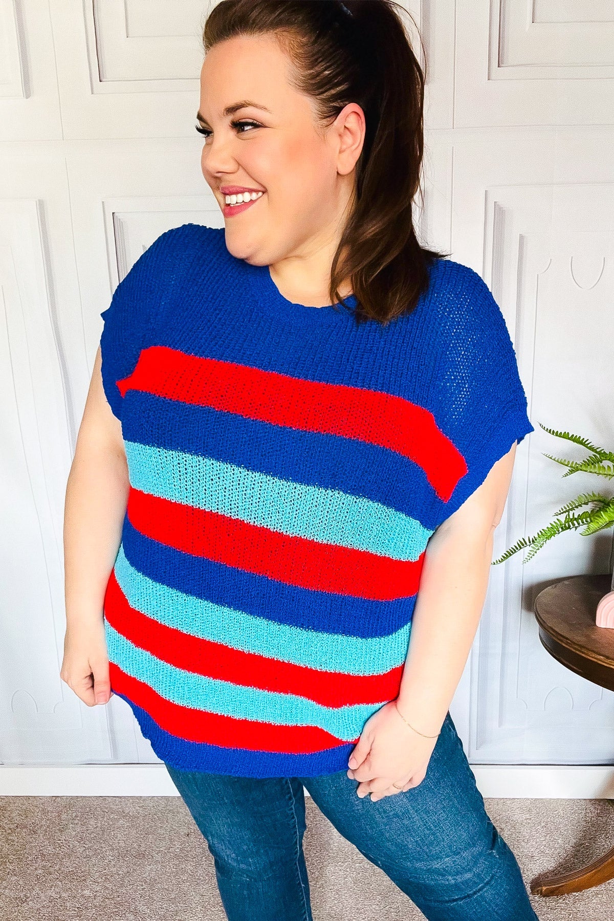 Forget Me Not Royal Blue Stripe Short Sleeve Dolman Sweater