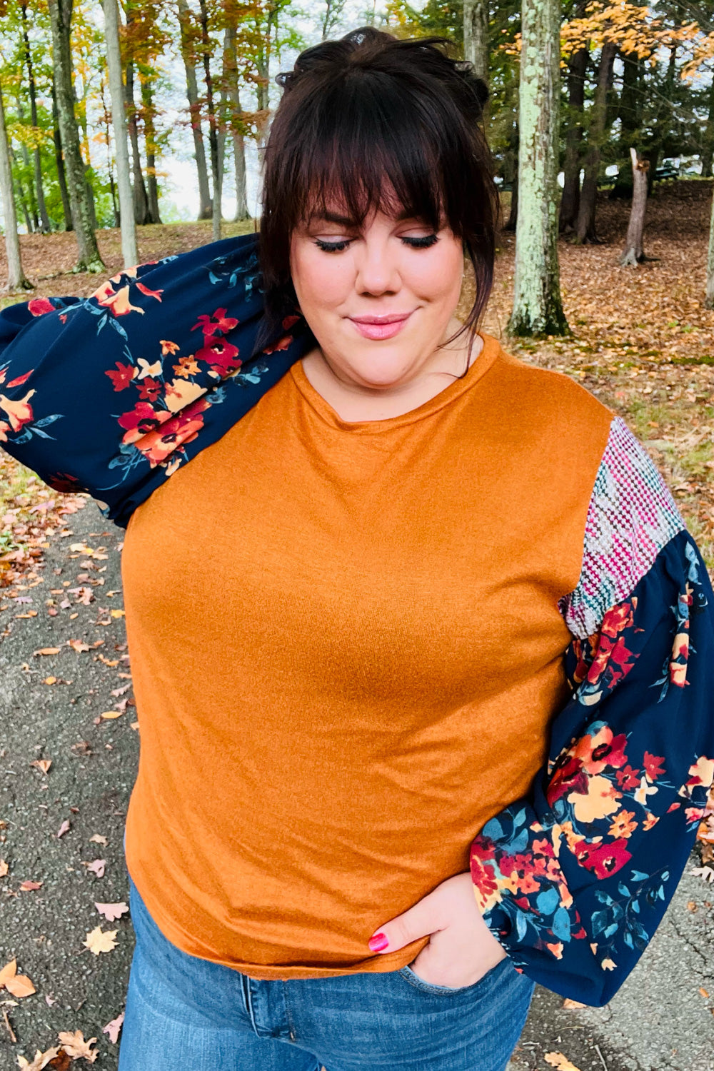 Rust & Navy Floral Textured Hacci Top