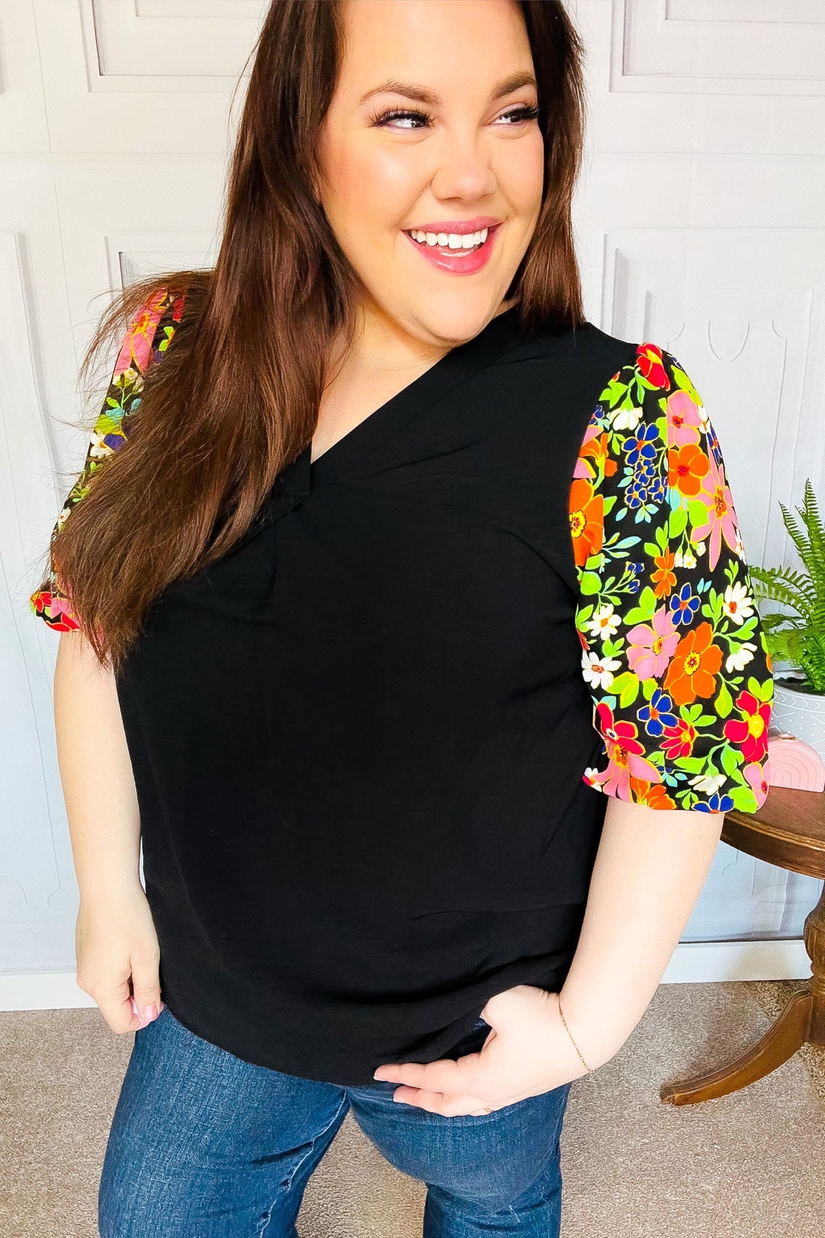 Eyes On You Black Floral Puff Sleeve V Neck Top