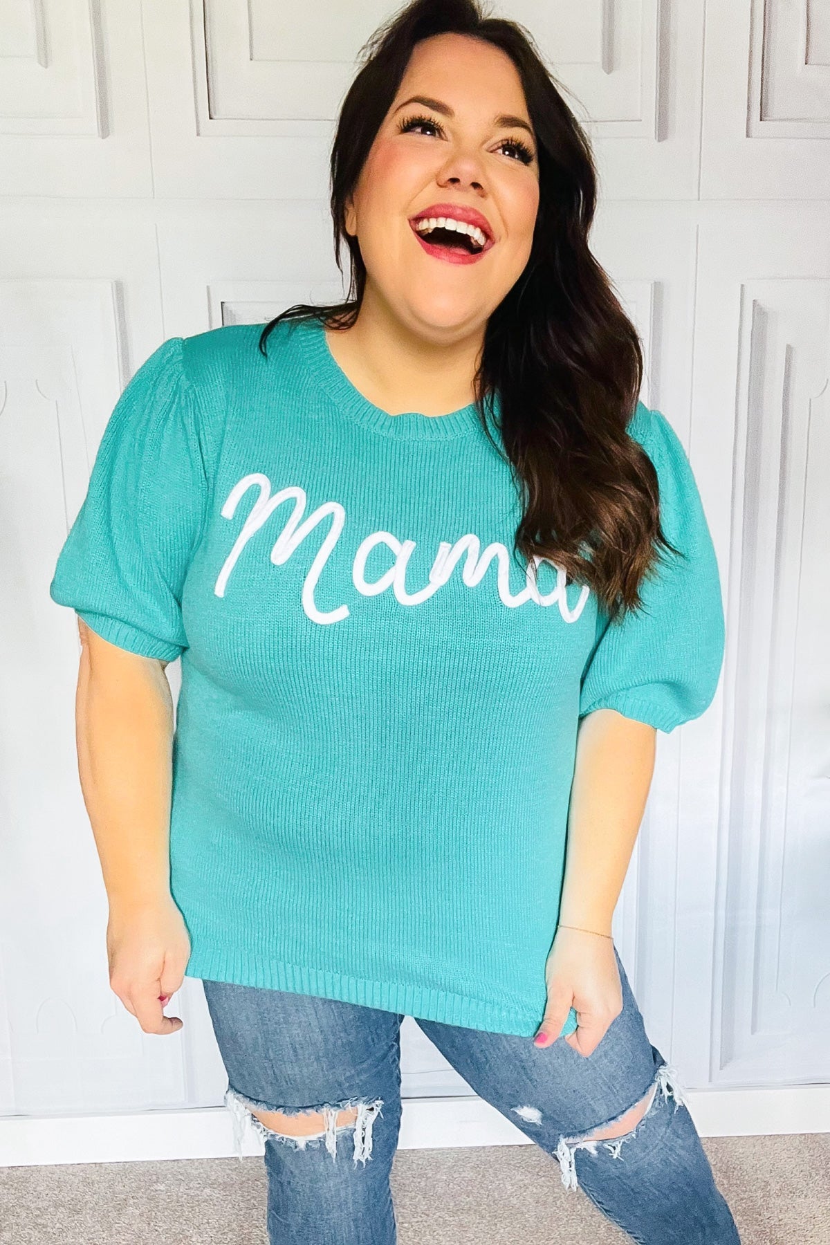 Take A Bow Mint "Mama" Embroidery Pop-Up Puff Sleeve Sweater Top