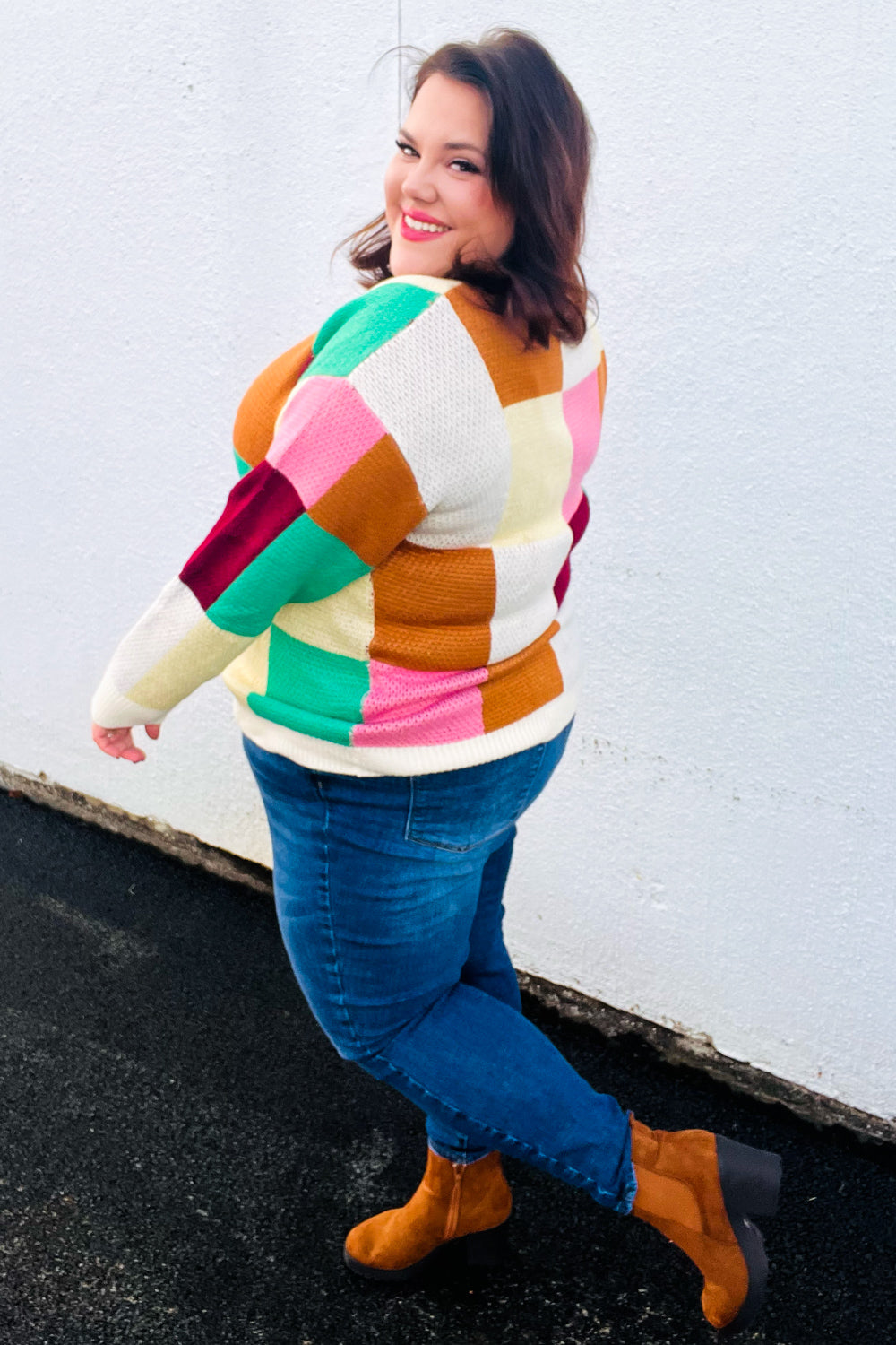 Adorable Ivory & Camel Checker Jacquard Knit Sweater