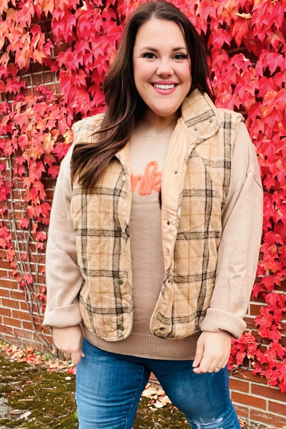 Layer Up Taupe Plaid Snap Button Quilted Puffer Vest